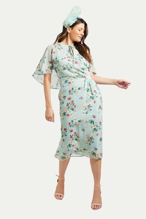 Cape Sleeve Ruched Midi Dress