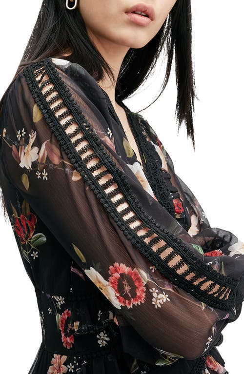 Allsaints Zora Floral Ruffle Midi Dress In Unity Black