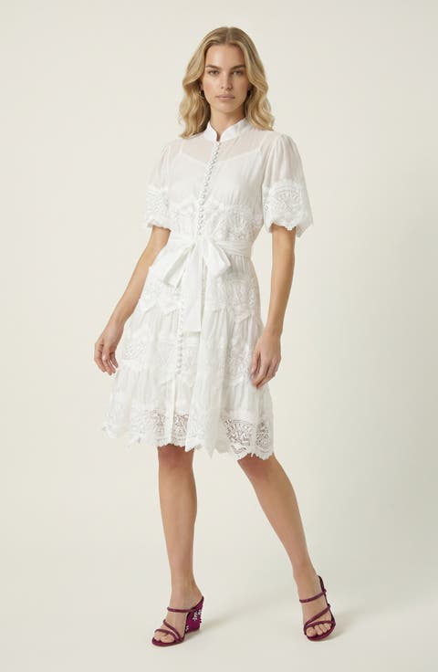 Lace Trim Puff Sleeve Midi Dress with Waist Tie