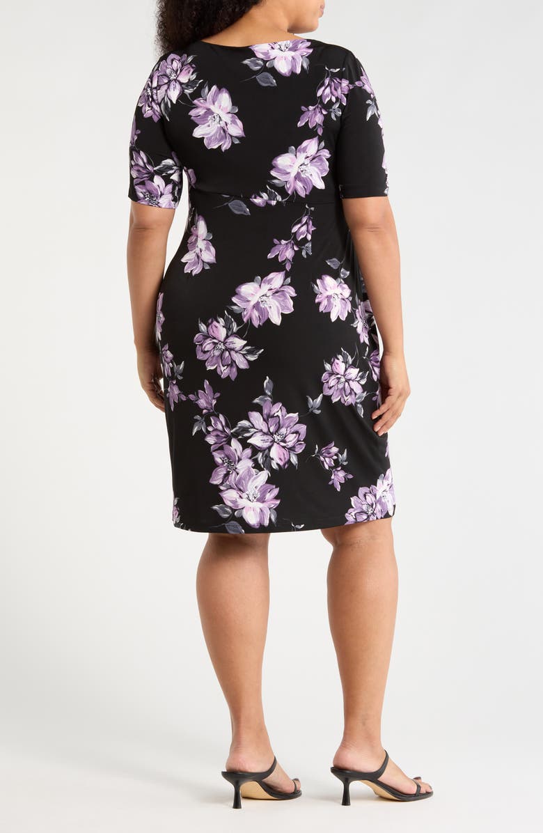 Connected Apparel Floral Print Faux Wrap Dress, Alternate, color, Black