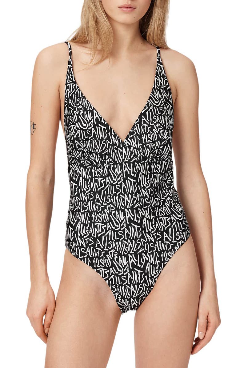AllSaints Saph V-Neck One-Piece Swimsuit, Main, color, Santas Black/ White