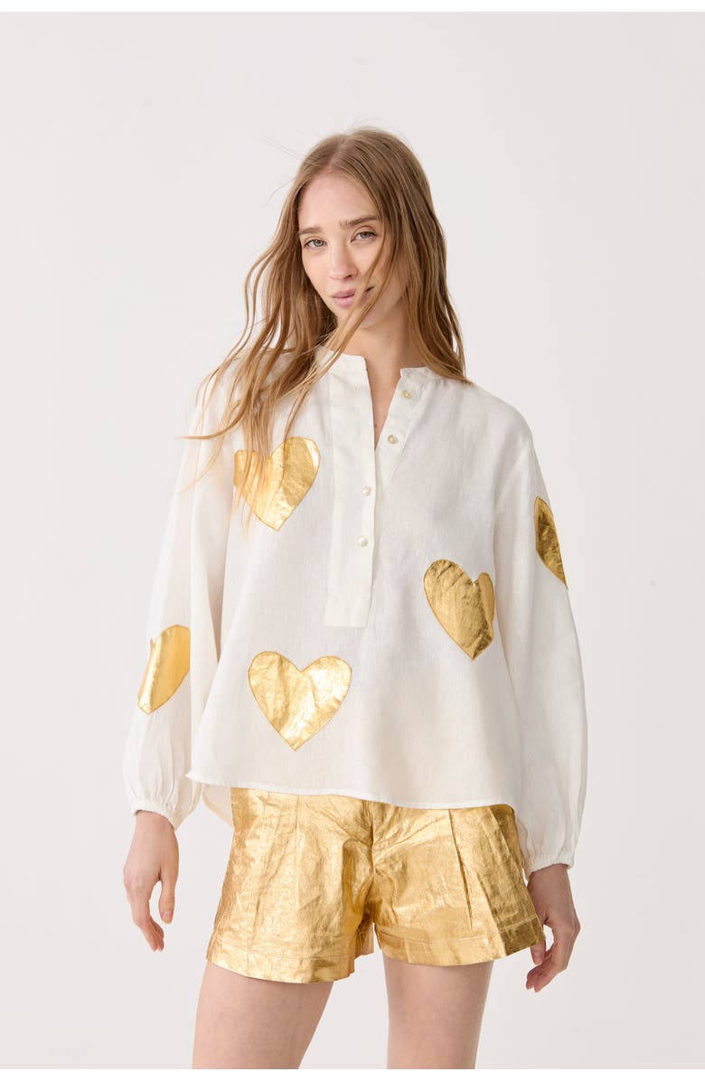 LANHTROPY Cupid Linen Shirt, Main, color, Off-White With Gold Hearts