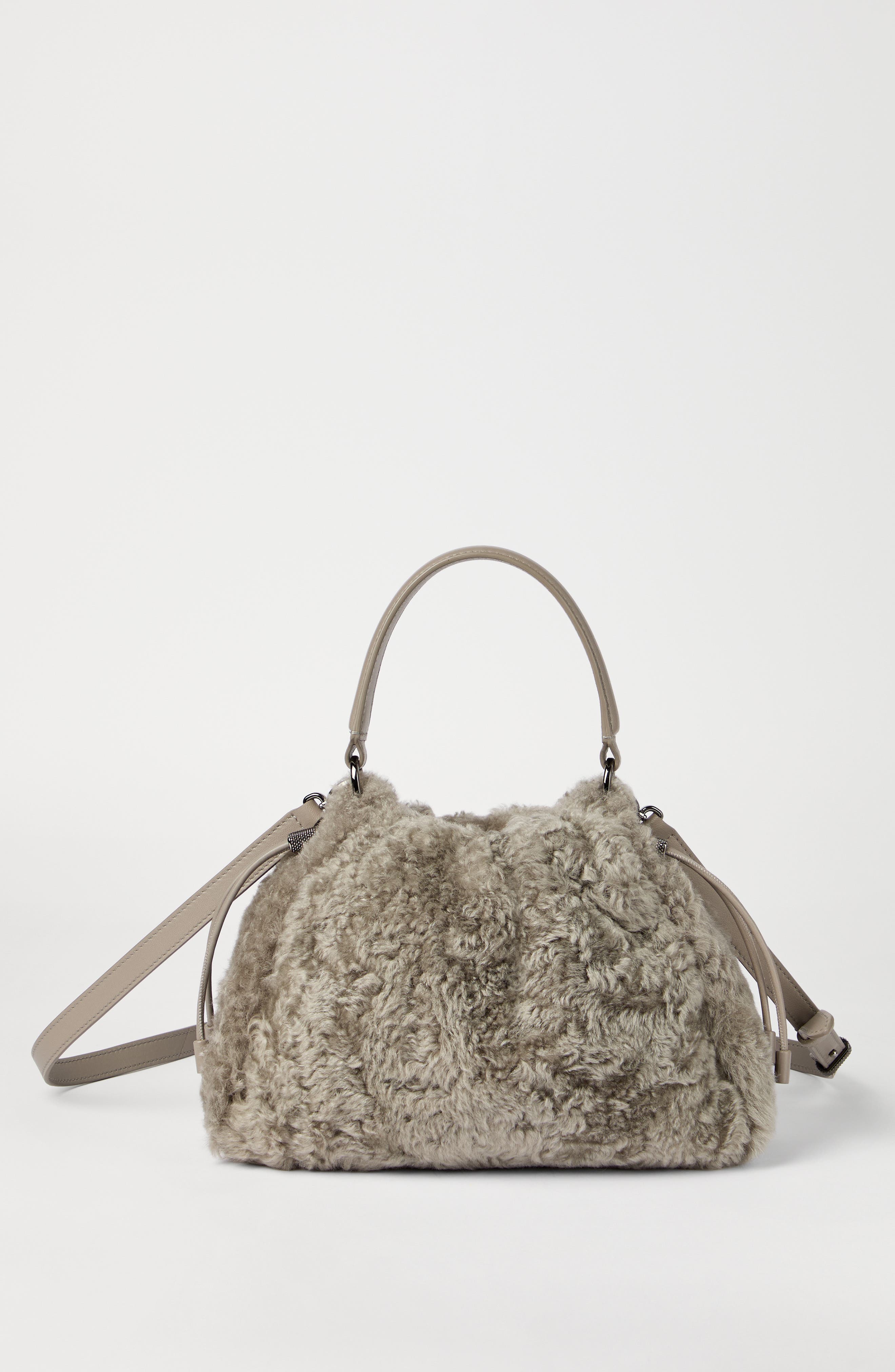 Brunello Cucinelli Shearling Mellow small bucket bag, Alternate, color, Light Brown