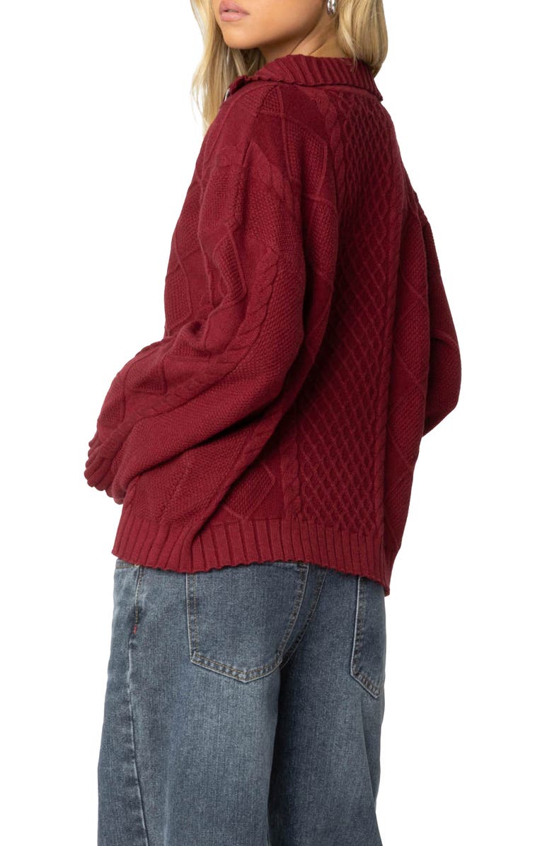 EDIKTED Cable Stitch Oversize Quarter Zip Pullover Sweater, Alternate, color, Burgundy