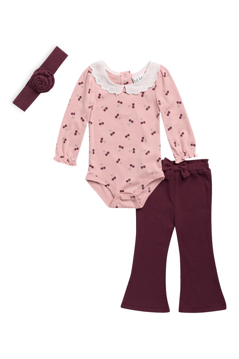Kids' Cherry Bodysuit, Pants & Headband Set, Main, color, MAROON BANNER