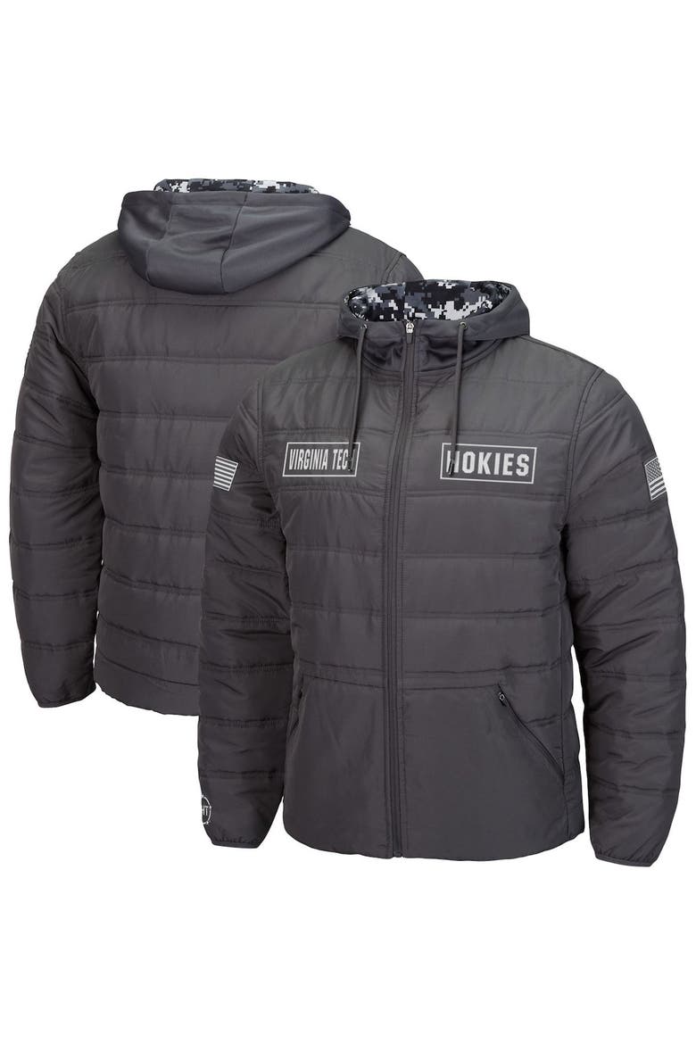 Men's Colosseum Charcoal Virginia Tech Hokies OHT Military Appreciation Digital Camo Detail Full-Zip Puffer Jacket, Main, color, Charcoal