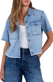 HINT OF BLU Emily Frayed Short Sleeve Denim Button-Up Shirt
