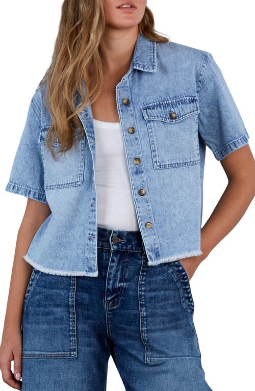 Hint Of Blu Emily Frayed Short Sleeve Denim Button-up Shirt In Morning Blue