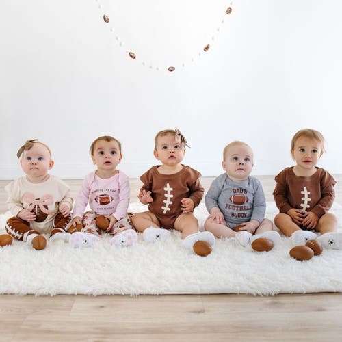 Sweet Wink Bow Football Patch Long Sleeve Romper In Neutral