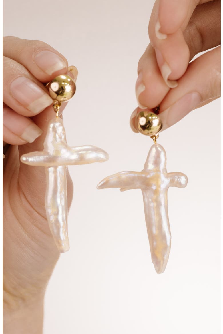 Freshwater Pearl Cross Drop Earrings, Alternate, color, GOLD