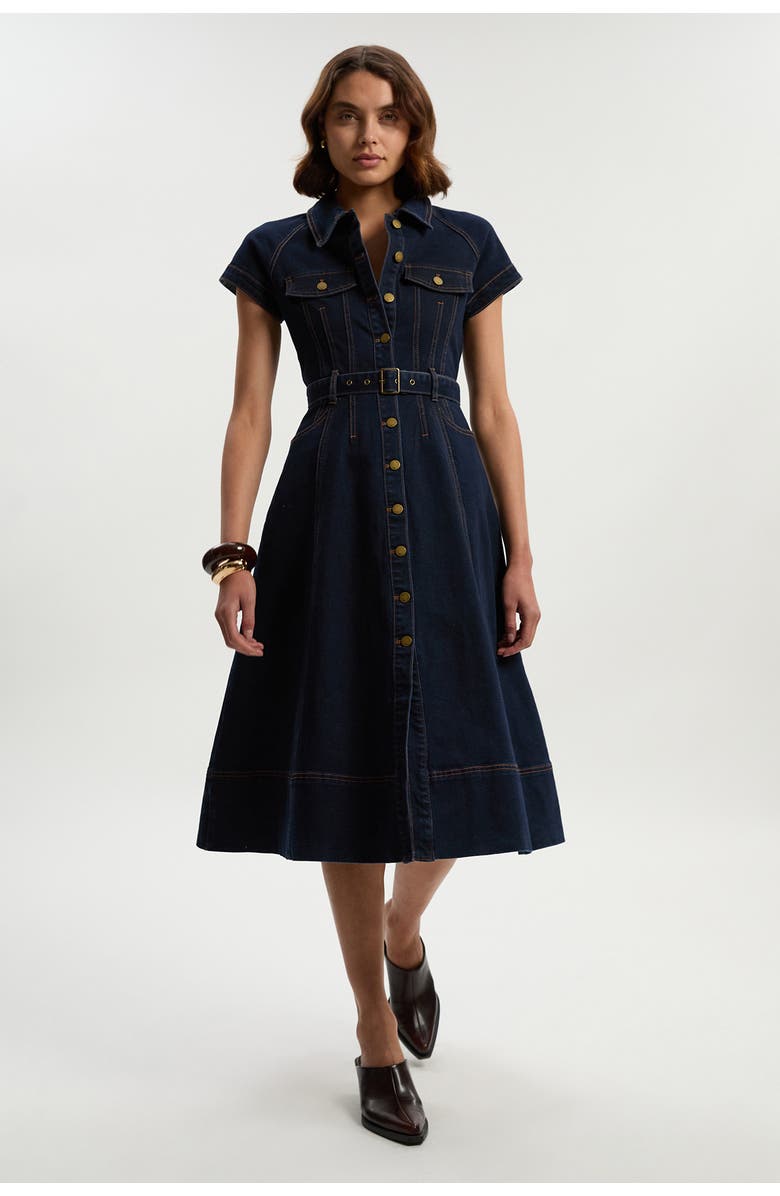 Karen Millen Petite Denim Corset Midi Dress, Main, color, Dark Blue