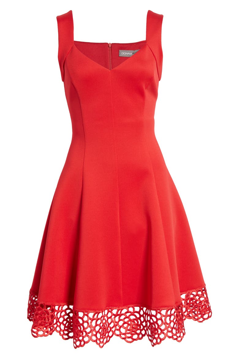 Lace Trim Sweetheart Neck Fit & Flare Dress, Alternate, color, RED