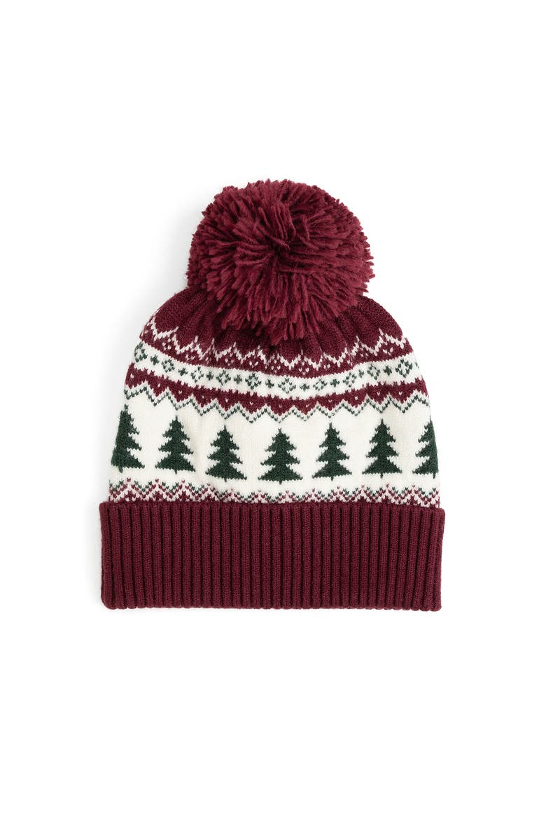 Christmas Tree Fair Isle Beanie, Main, color, Burgundy
