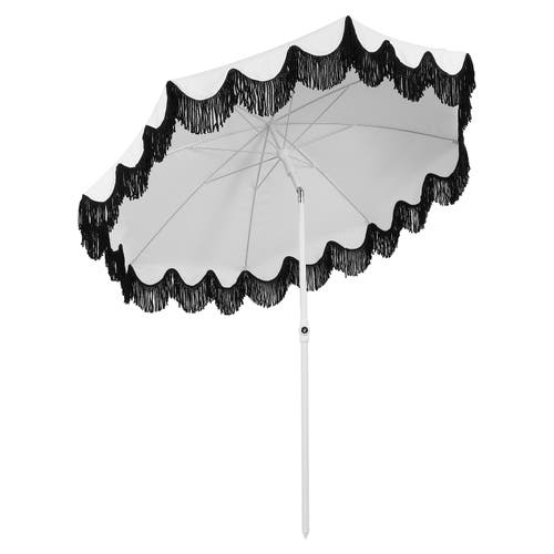 Jonathan Y Mariner 6.5 Ft. Classic Cottage Fringe Tassel Market Beach Umbrella With Push Button Tilt In Brown