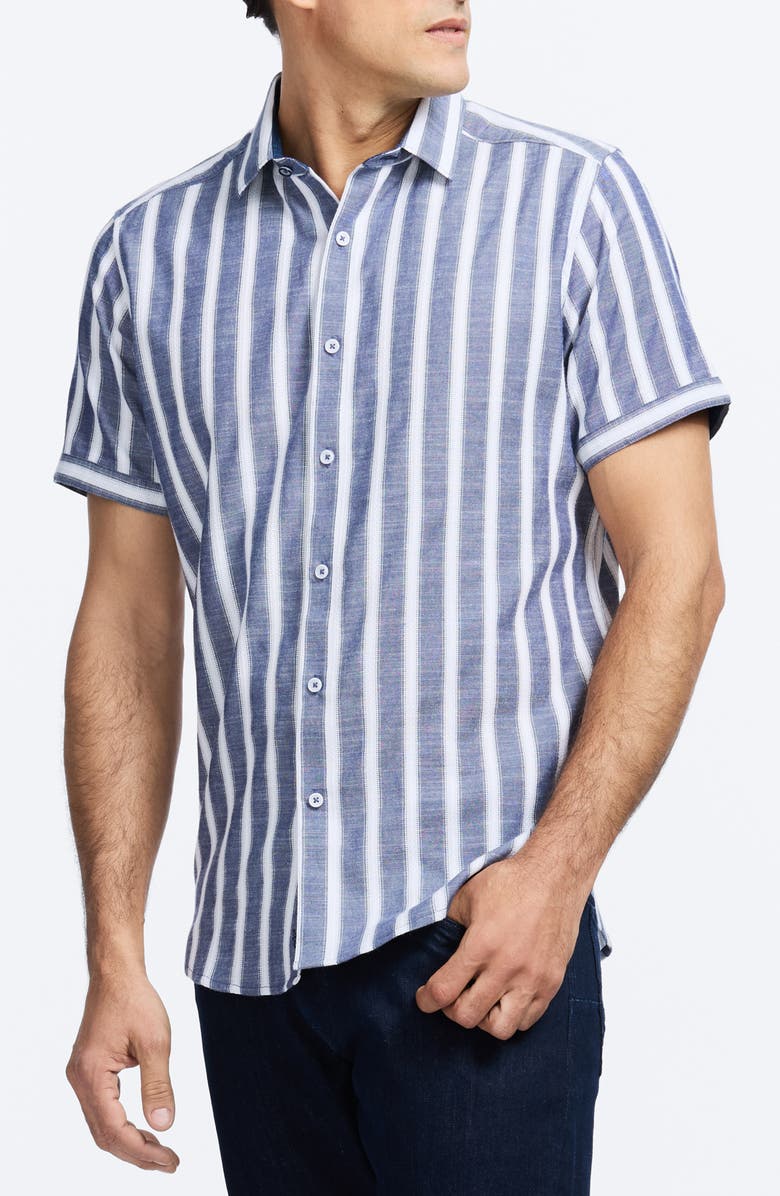 Robert Graham Preston Stripe Cotton Blend Button-Up Shirt, Alternate, color, Navy