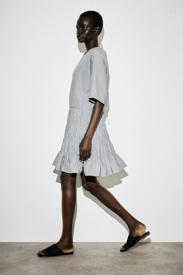 Smocked Seersucker Mini Dress, Alternate, color, GRAY