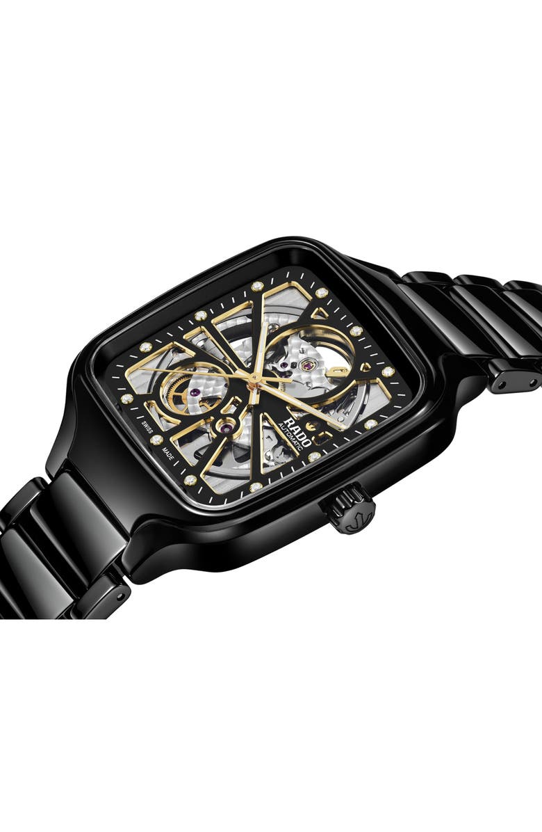 RADO True Square Diamond Automatic Open Heart Bracelet Watch, 38mm, Alternate, color, Black
