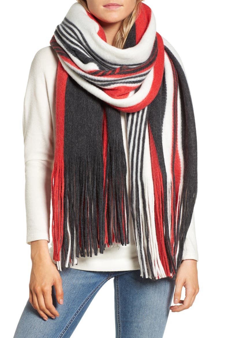 Kolby Stripe Fringe Scarf, Main, color, RED