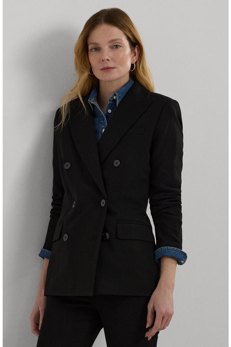Double Breasted Stretch Wool Crepe Blazer, Alternate, color, BLACK