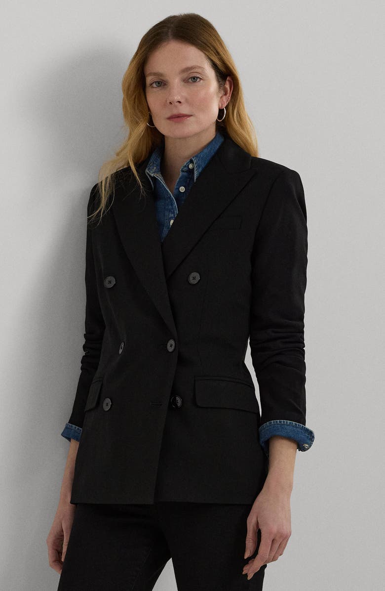 Lauren Ralph Lauren Double Breasted Stretch Wool Crepe Blazer, Alternate, color, Polo Black