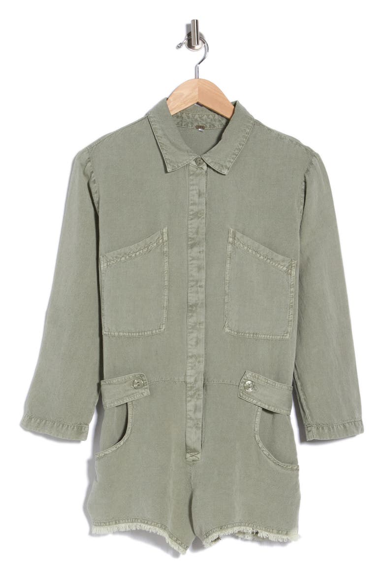 River Long Sleeve Raw Edge Linen Blend Romper, Alternate, color, SEAGRASS PIGMENT