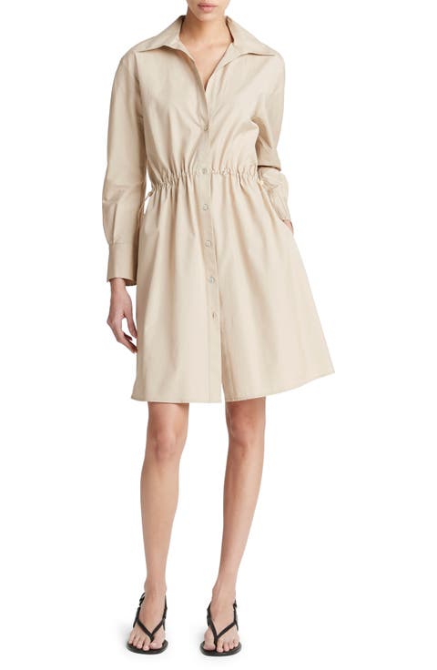 Drawcord Ruched Long Sleeve Cotton Shirtdress