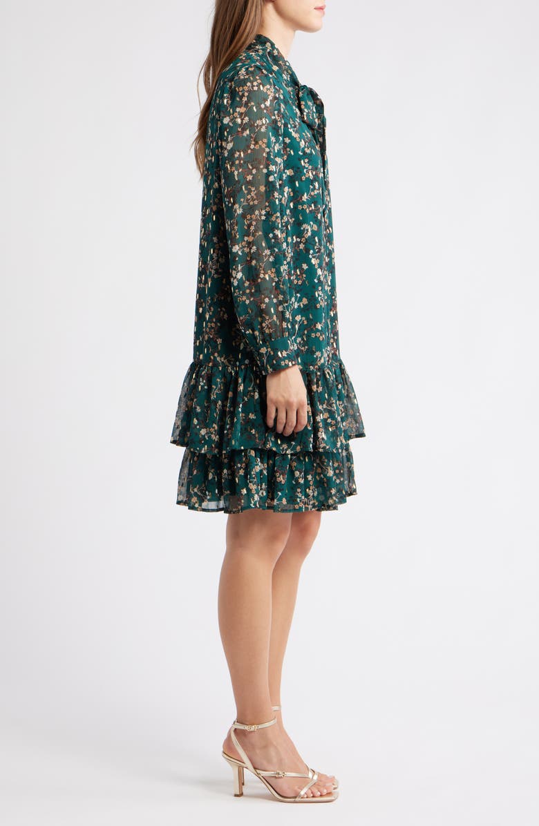 Anne Klein Floral Tie Neck Long Sleeve Ruffle Shirtdress, Alternate, color, Midnight Pine Multi