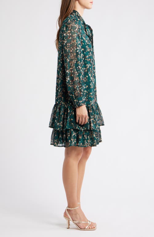 Anne Klein Floral Tie Neck Long Sleeve Ruffle Shirtdress In Multi