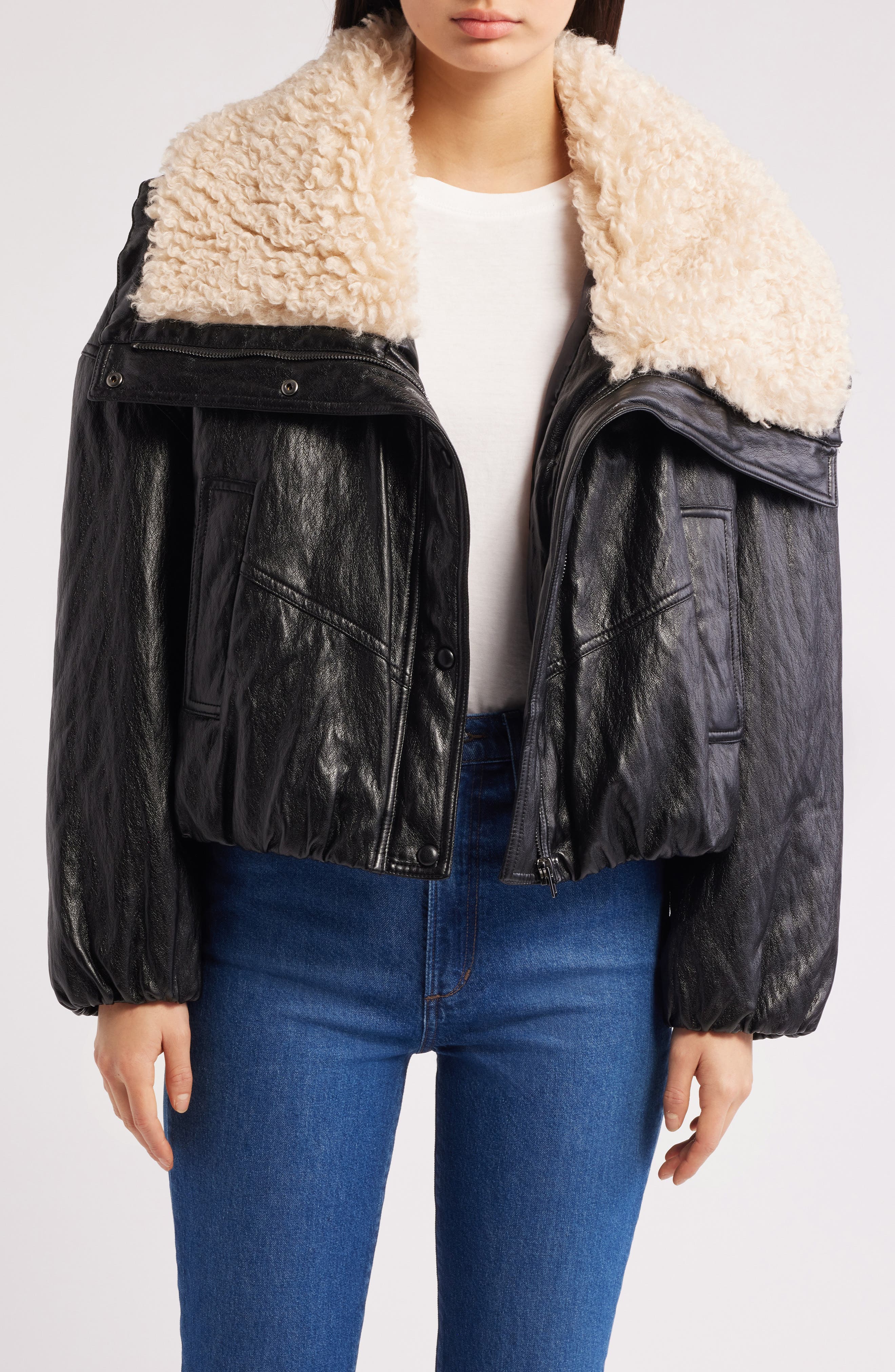 MANGO Faux Leather Jacket with Faux Shearling Collar