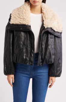 MANGO Faux Leather Jacket with Faux Shearling Collar