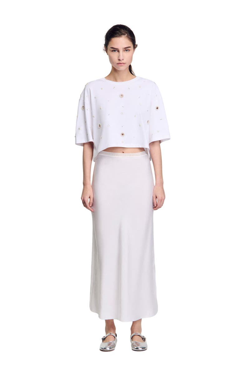 SANDRO Cropped pearl bead T-shirt, Main, color, White