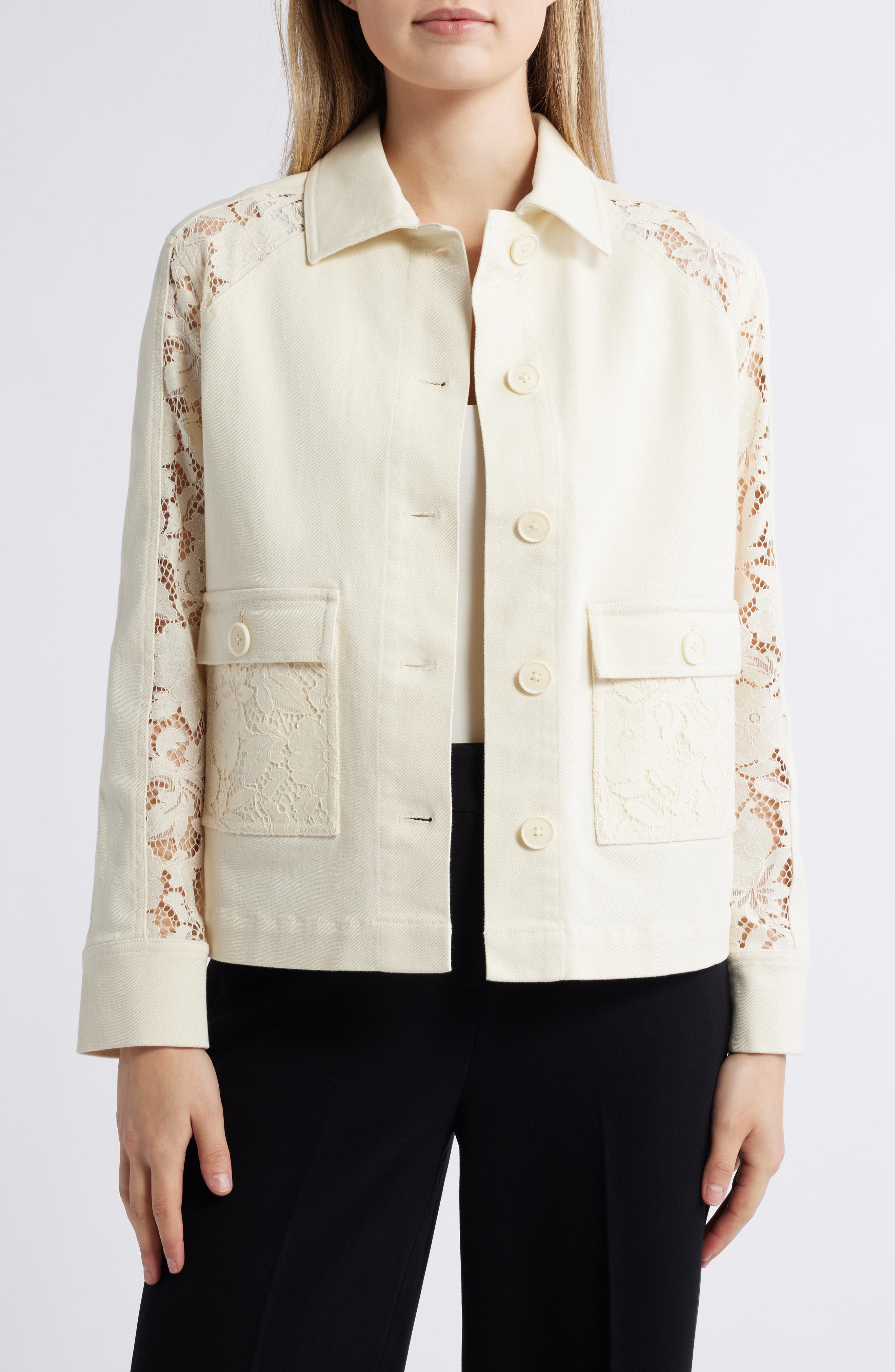 Anne Klein Lace Detail Stretch Cotton Jacket (Women) | Nordstrom
