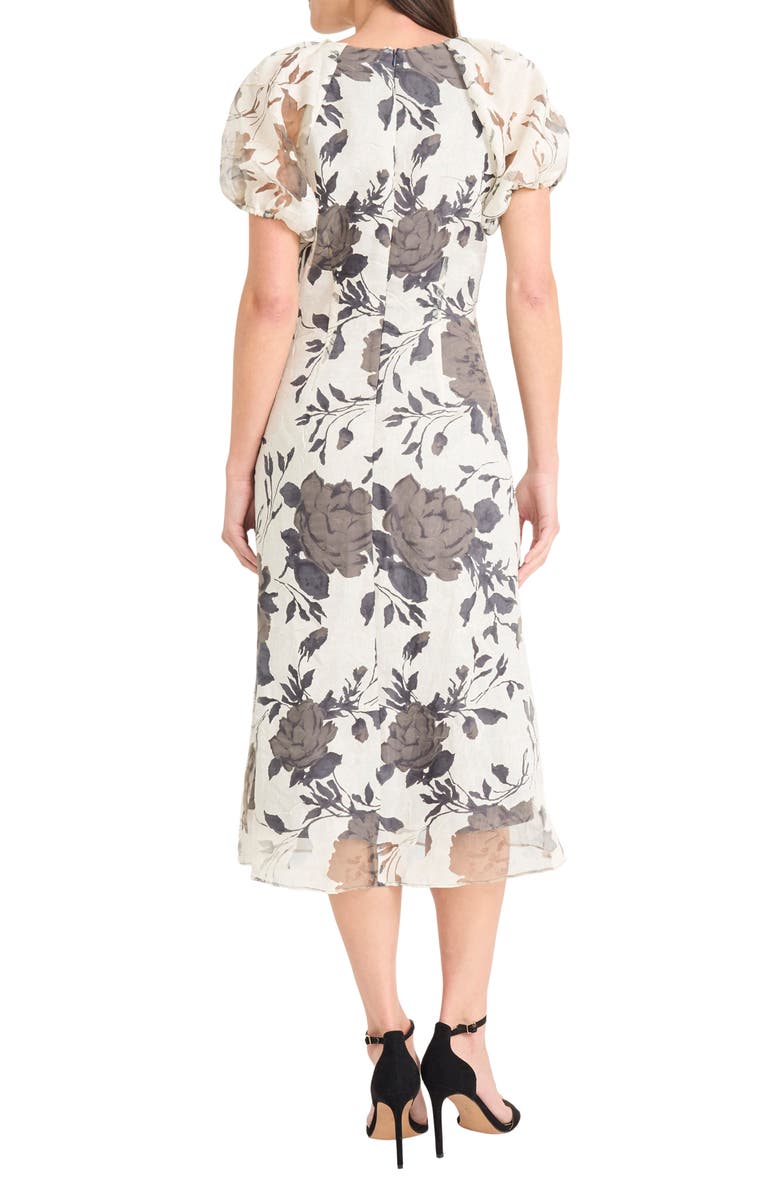Maggy London Illusion Floral Puff Sleeve Midi Dress, Alternate, color, Gray/ Ivory