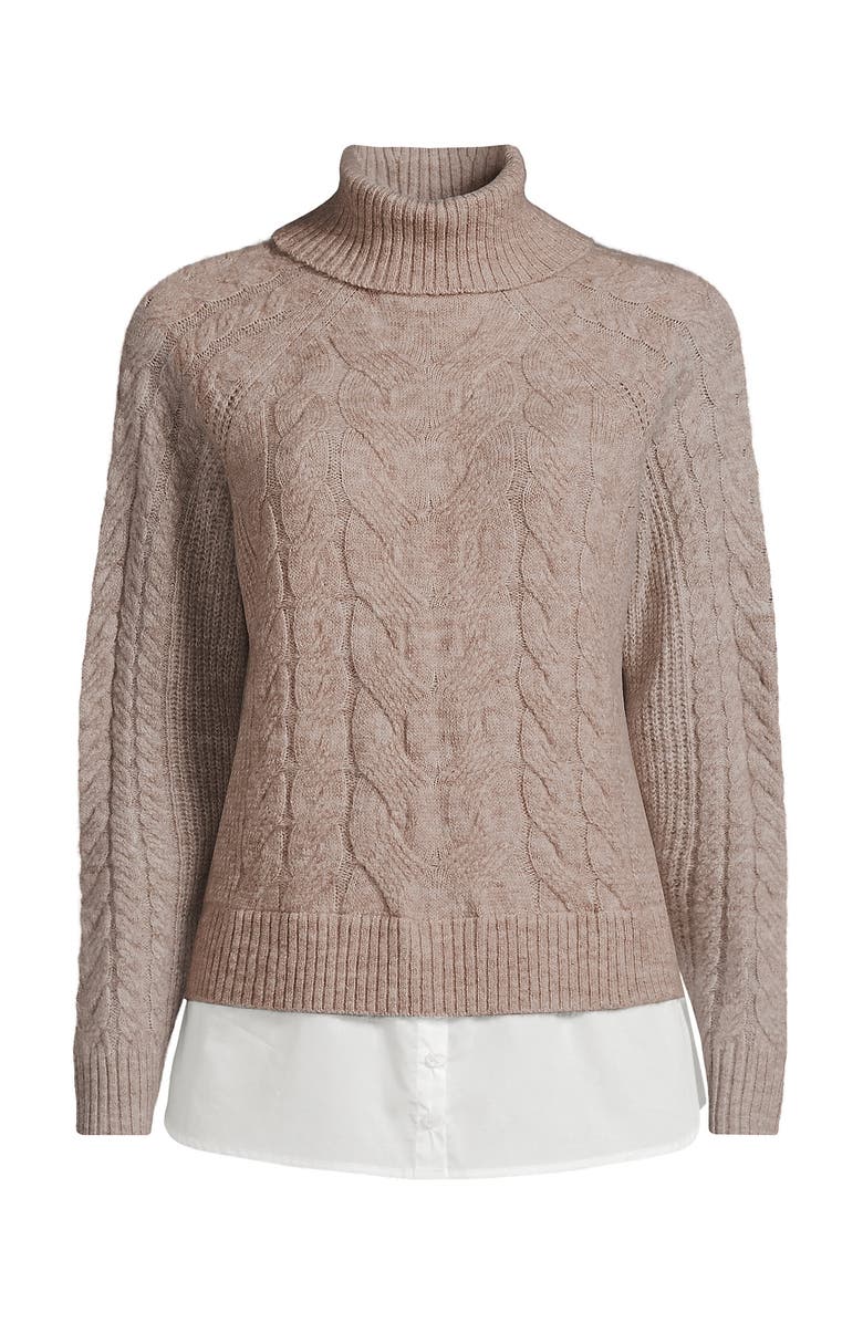 Lands' End Cable Turtleneck with Mock Shirt Detail Sweater, Alternate, color, 