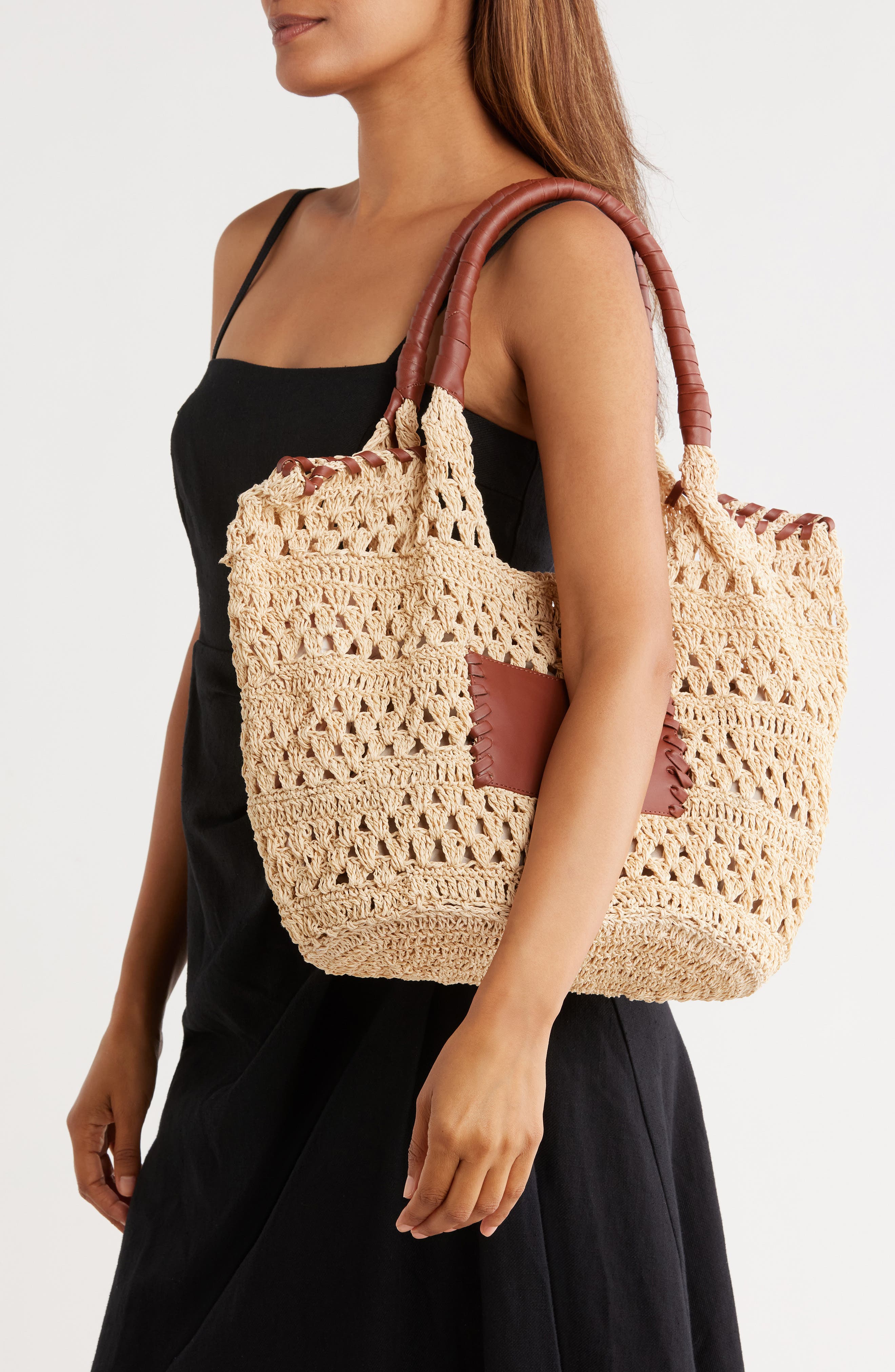 Collection XIIX Crochet Raffia Tote Bag, Alternate, color, Cognac/ Natural