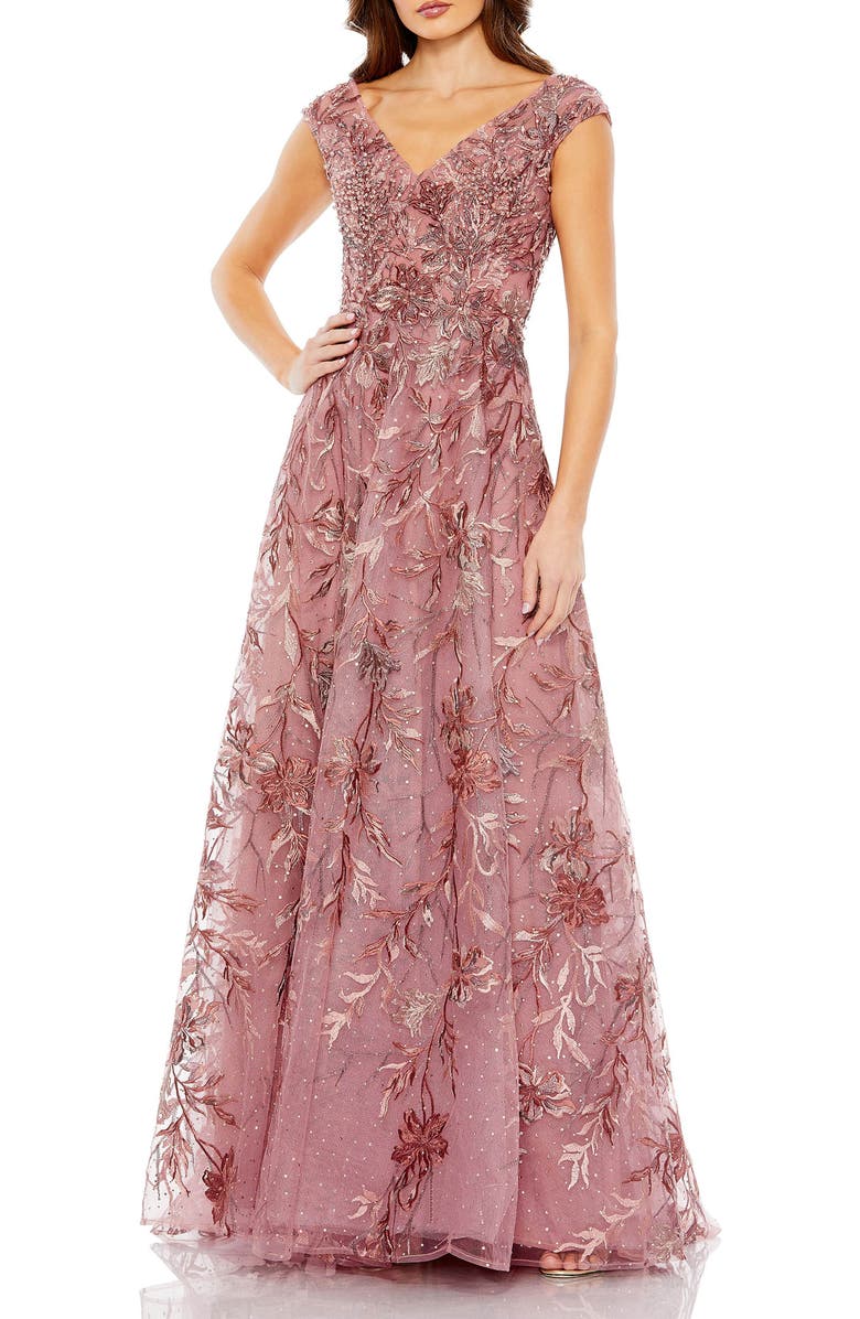 Mac Duggal Embroidered Illusion Cap Sleeve A Line Gown, Main, color, Cinnamon