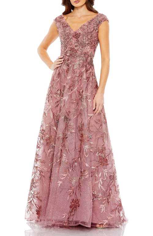 Mac Duggal Embroidered Illusion Cap Sleeve A Line Gown In Cinnamon