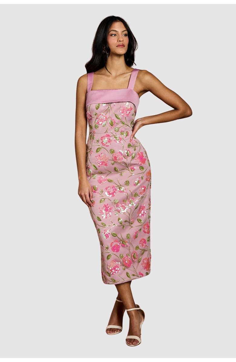 Coast Petite Sequin Floral Pencil Dress, Main, color, Light Pink