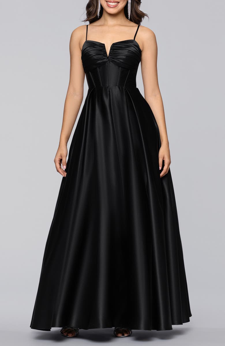 Blondie Nites Notch Neck Satin Ballgown, Main, color, Black