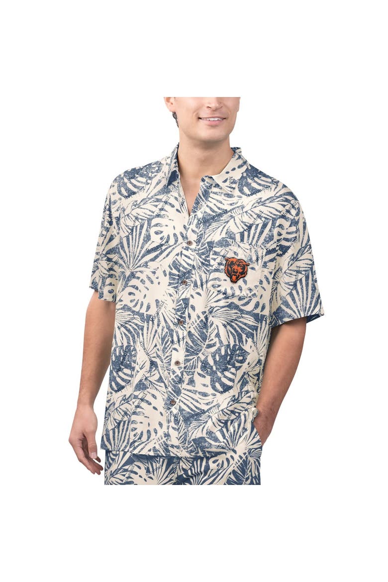 Men's Margaritaville Tan Chicago Bears Sand Washed Monstera Print Party Button-Up Shirt, Alternate, color, Cream