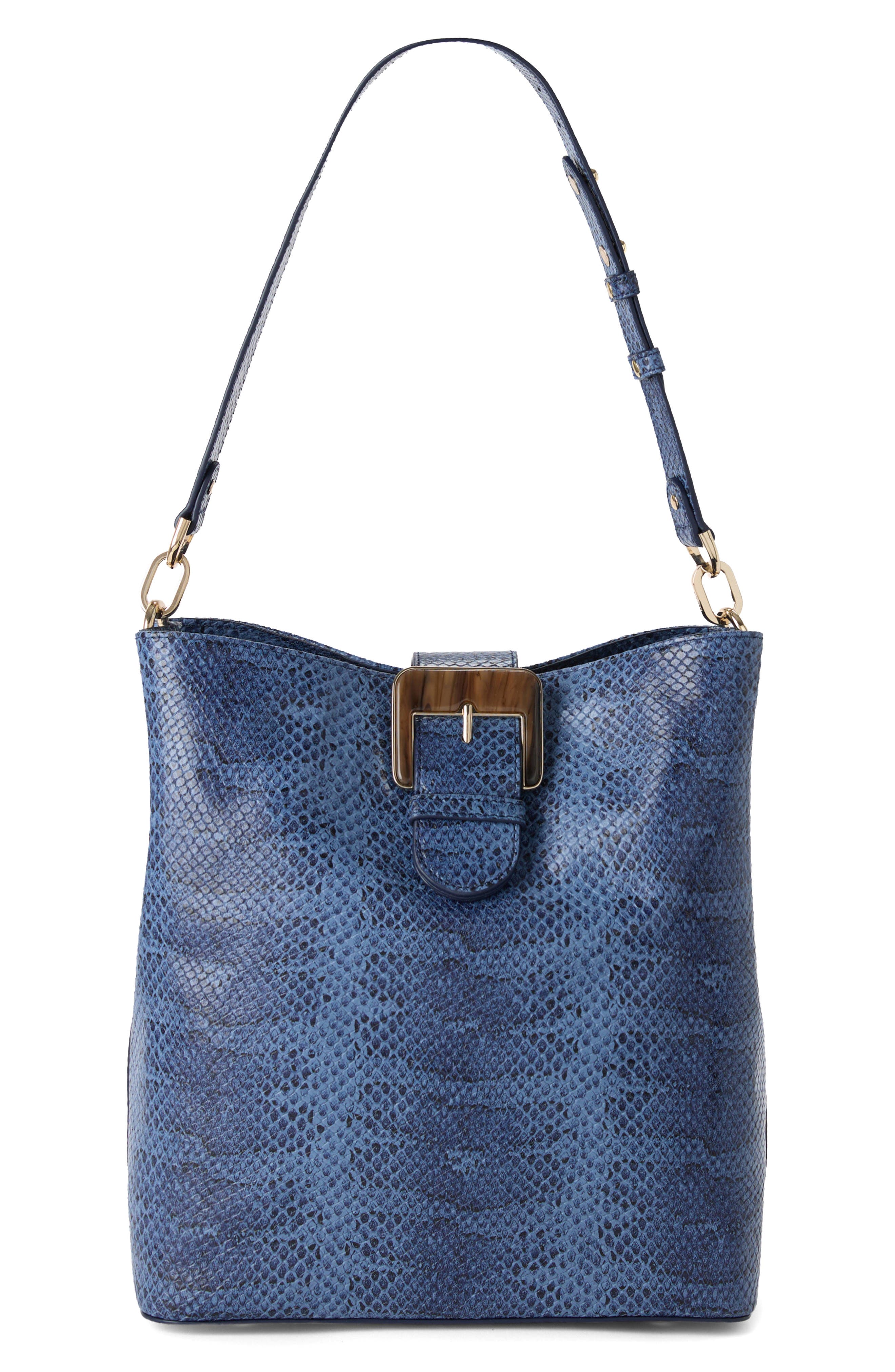 Brahmin Celina Croc Embossed Leather Bucket Bag, Alternate, color, Navy