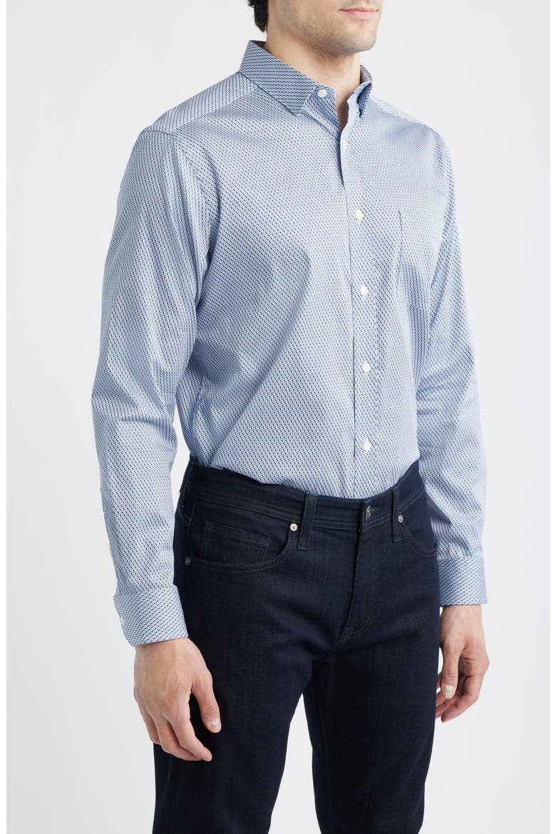 Logan Print Button-Up Shirt, Alternate, color, NAVY / BROWN TRIANGLE GRID
