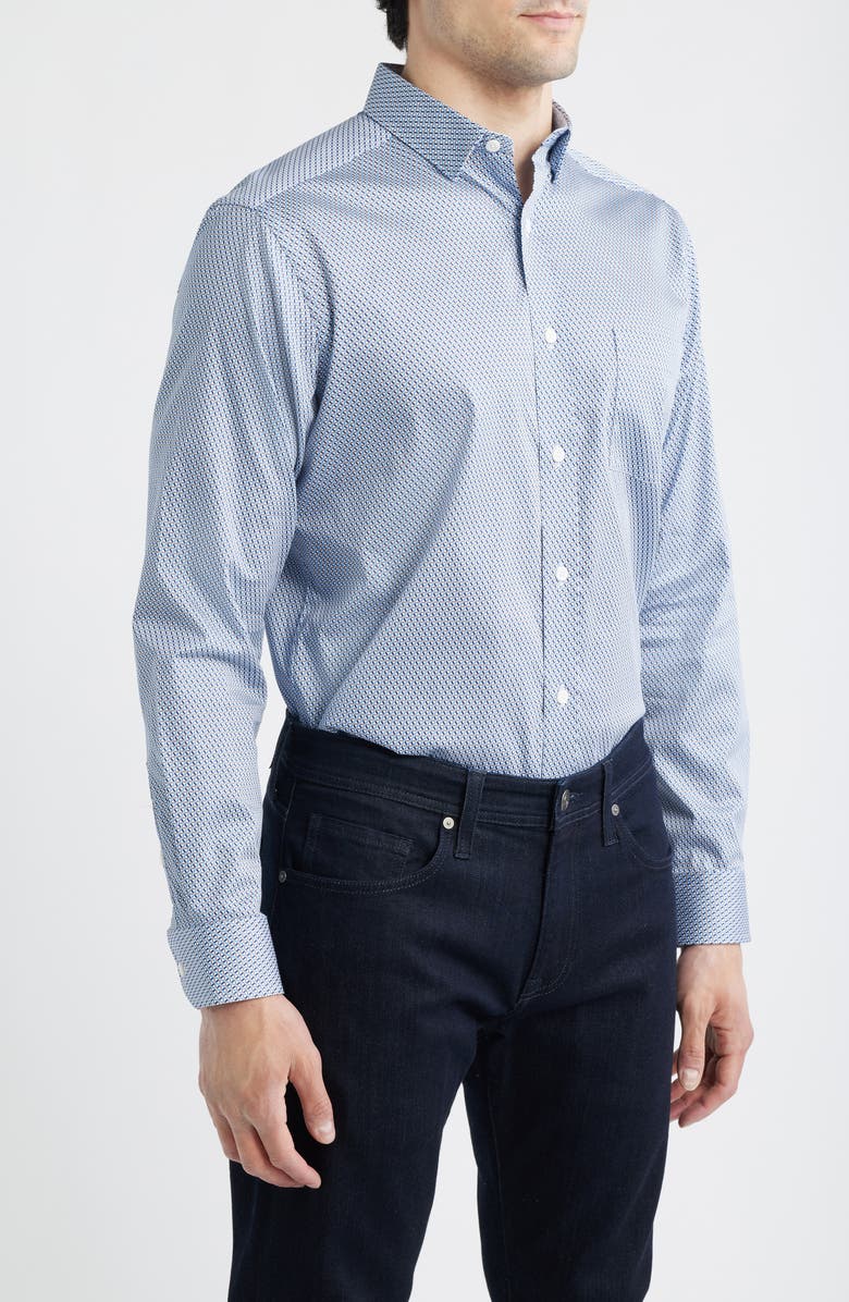 Johnston & Murphy Logan Print Button-Up Shirt, Alternate, color, Navy / Brown Triangle Grid