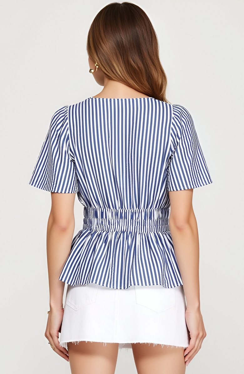 Modenaire Striped Peplum Top with V-Neckline, Smocked Waist and Short Sleeves, Alternate, color,