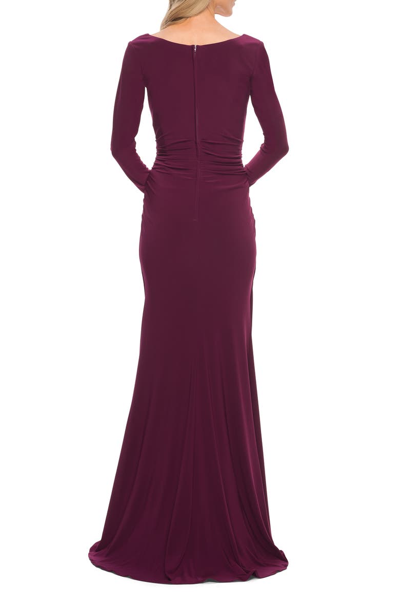 Long Sleeve Jersey Evening Dress with Ruching, Alternate, color, DARK BERRY