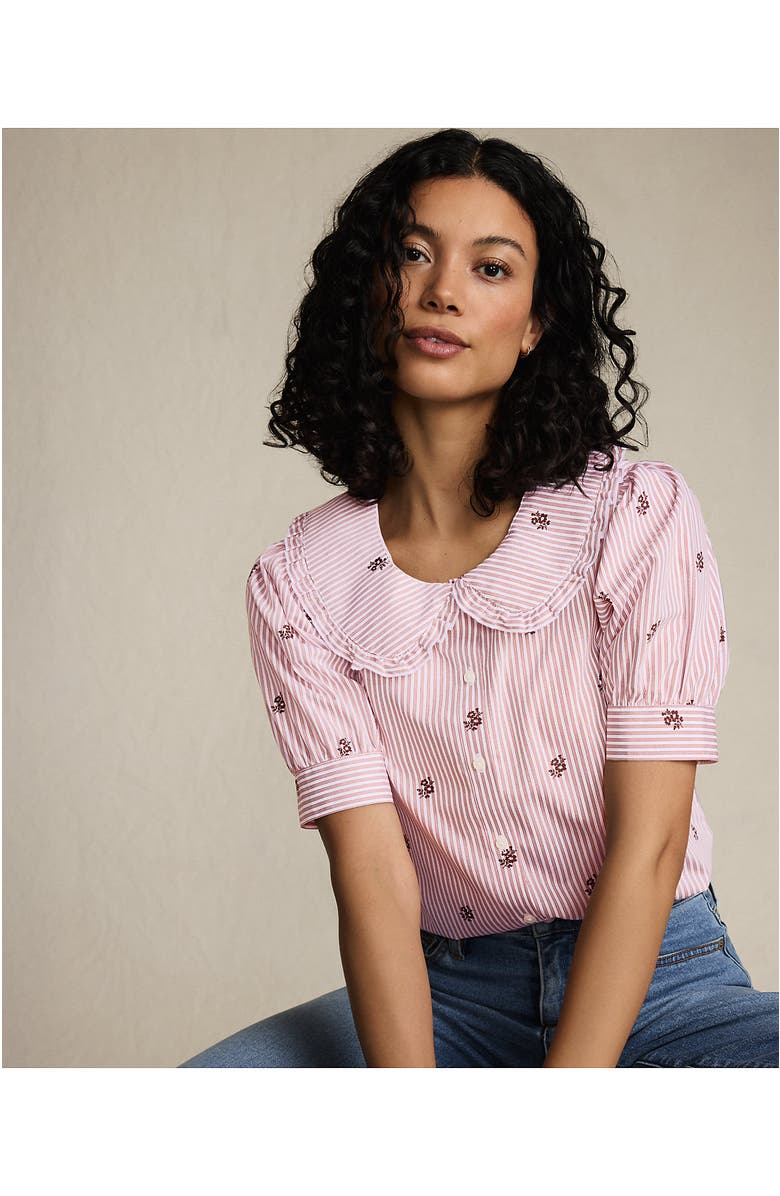 Lands' End Easy Care Puff Sleeve Statement Collar Shirt, Alternate, color, White/Brown Floral Stripe