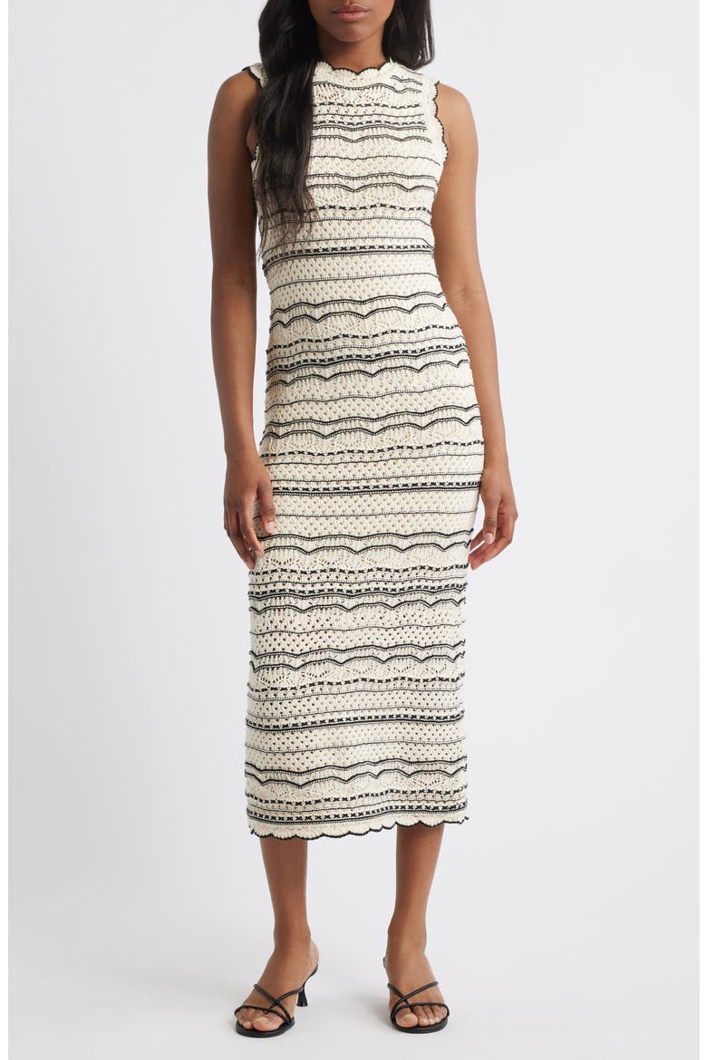 Madeira Open Stitch Cotton Blend Maxi Sweater Dress, Main, color, BIRCH DETAIL W BLACK
