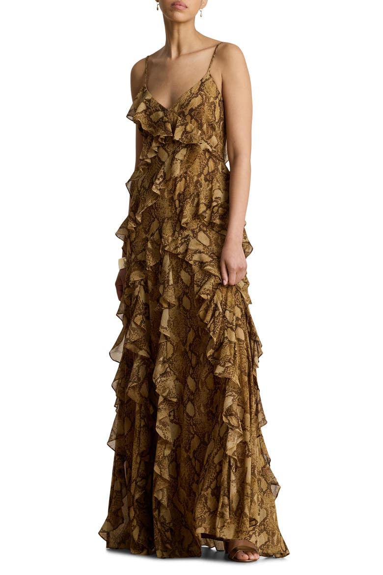 Snakeskin Print Crinkle Georgette Cocktail Dress, Main, color, BEIGE/ MULTI