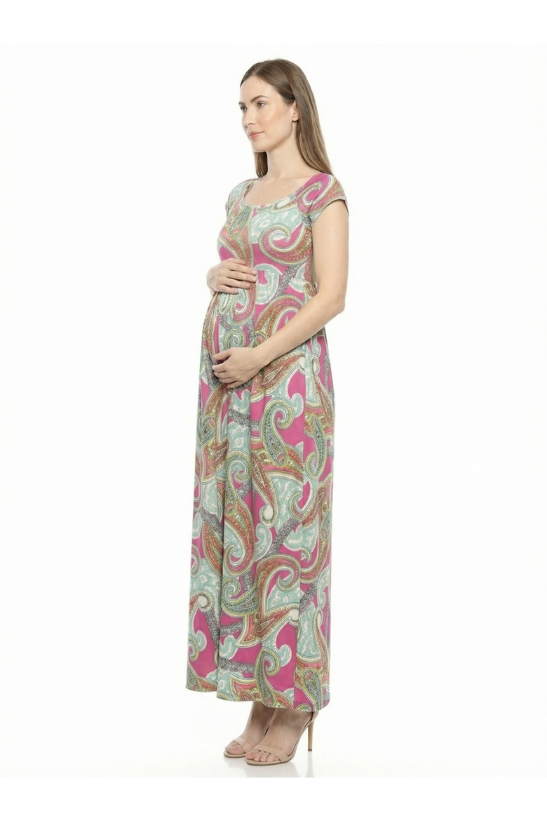 Maternity Paisley Square Neck Cap Sleeve Pleated A-Line Maxi Dress, Alternate, color, Pink Multi