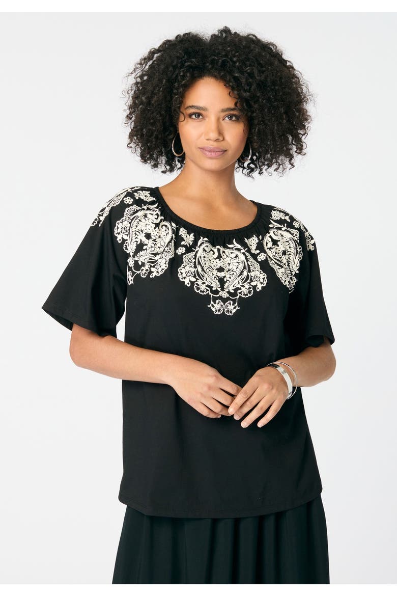 Ruffle Printed Tunic, Alternate, color, BLACK IVORY PAISLEY